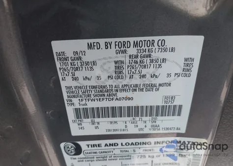 2013 Ford F-150 Xlt из США, поврежденный, VIN 1FTFW1EF7DFA07090